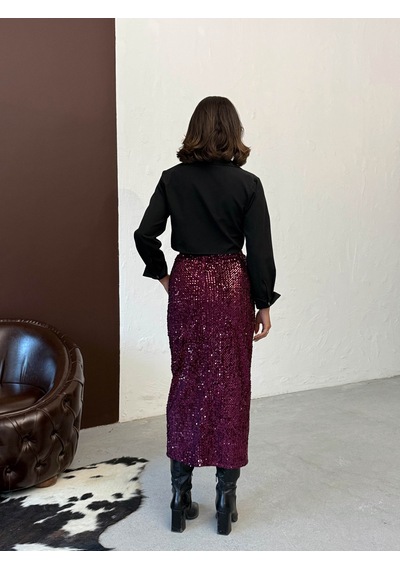 Verymoda Pullu Kadife Uzun Etek F2053 Mürdüm