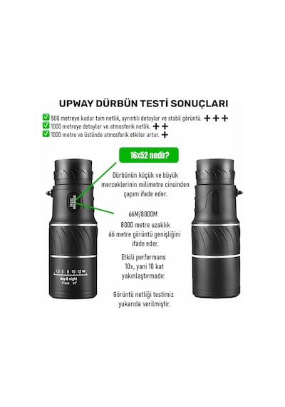 Upway 16x52 Monoküler Dürbün - Hd K9 Optik Cam Lens - 10x Yakınlaştırma Siyah