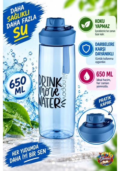 Şeffaf Renk 650 Ml Suluk Matara, Ergonomik Kapak 1 Adet Mavi