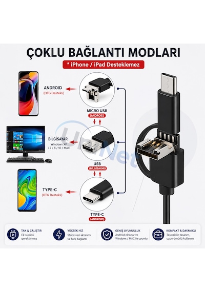 Uninet Türkiyede Ilk 10 Metre 3 Kameralı Android Ve Bilgisayar Uyumlu Endoskop Yılan Kamera 1080p Full Hd