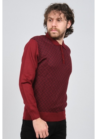 Pave Erkek Polo Yaka Desenli Yün Kazak 4537134 Bordo Bordo