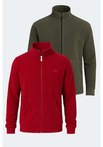 Slazenger Sansa 2 Li Set Erkek Fermuarlı Dik Yaka Cepli Kırmızı - Haki Polar