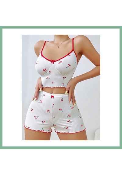 Bşkvirgo Kadın Vişne Desenli Dantel Askılı Şortlu Pijama Takımı 5193 Beden: S/m Renk: Beyaz Bsk2026