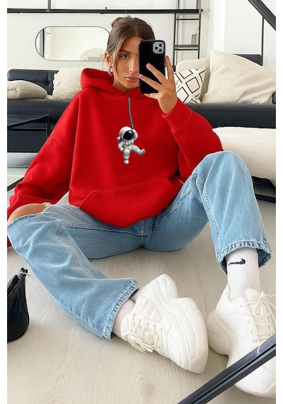 Benroma 3 İplik Penye Astronot Unisex Kapüşonlu Sweat Kırmızı
