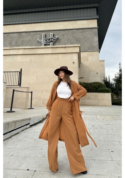 WeShaya Kadın Taba Çift Cepli Uzun Kimono & Bol Paça Pantolon - Salaş Alt & Üst Takım Taba