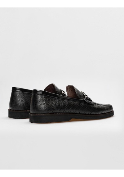 Cabani Hakiki Deri Siyah Lazer Detaylı Erkek Loafer-siyah Siyah