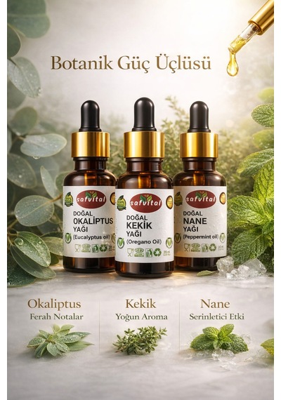 Safvital Okaliptus Yağı Kekik Yağı Nane Yağı Seti 3x20 Ml Aromaterapi Cilt Saç Bakım Çok Amaçlı Kullanım 60 ML