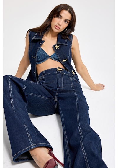 it's basic Kadın İndigo Renk 7s6-50 Straight Fit Yüksek Bel Düğme Detaylı Denim Jean