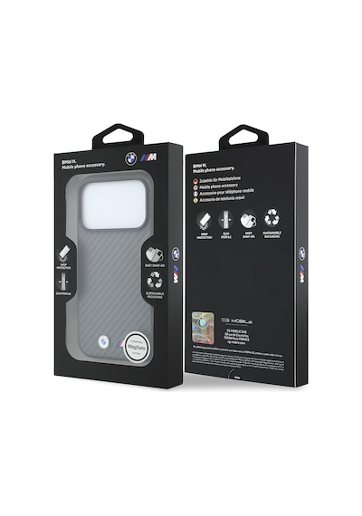Apple iPhone Uyumlu 18 Pro Max Kılıf Bmw Lisanslı M-safeli Karbon Fiber Ve Metal Logolu Pu Deri Kapak Gri