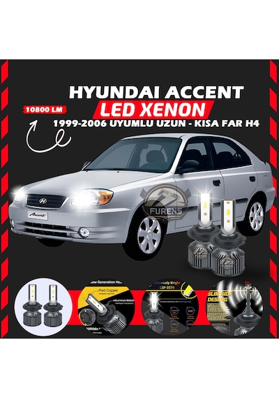 Hyundai Accent Admira 1999-2006 Uzun-kısa Far Uyumlu Şimşek Etkili Led Xenon Premium Series H4