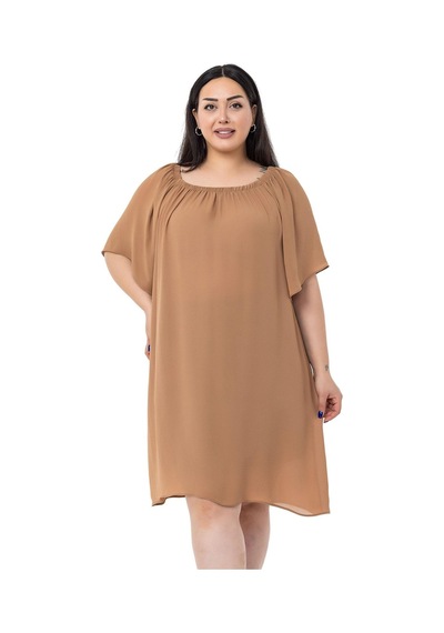Disentis Büyük Beden Yakası Lastikli Geniş Kollu Astarlı Camel Elbise-camel Camel