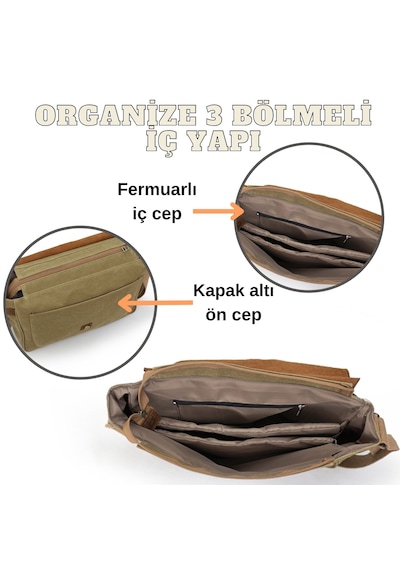 Dark Cotton 7503 Hakiki Deri Kapaklı Suya Dayanıklı Mumlu Kanvas 15 Laptop, Okul, Evrak Seyahat Çantası Camel