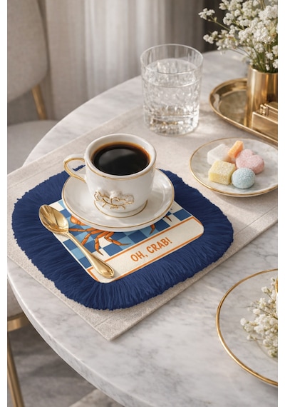 Retro Marin Stil Saçaklı Dekor Peçetesi - Deniz Kabuklu Coastal Lacivert Bardak Altlığı Mendil Grili Krem Bej