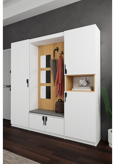 Lüks Aynalı Portmanto Askılı Vestiyer %100 Mdf Çok Raflı Ayakkabılık V04 Beyaz - Karına Lüks Aynalı Portmanto Askılı Vestiyer %100 Mdf Çok Raflı Ayakkabılık V04 Beyaz - Karına