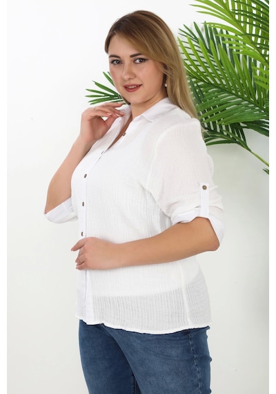 Lady Majestic %100 Cotton Büyük Beden Kadın Müslin Kumaş Gömlek Beyaz