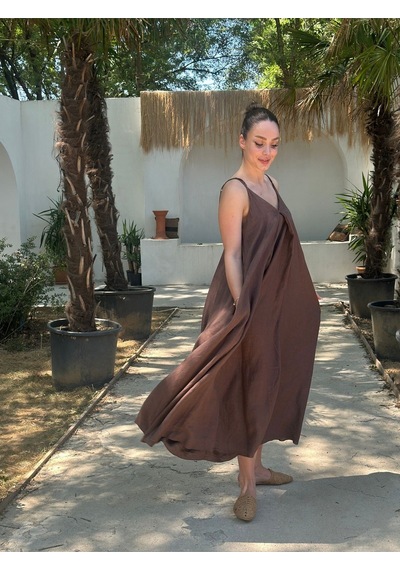 Yazlık Keten Askılı Oversize Elbise Kahverengi