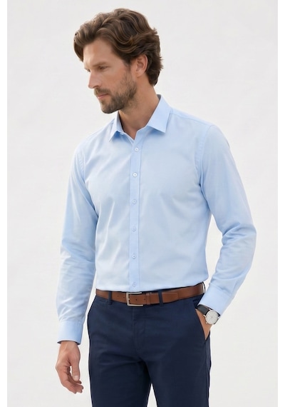 Tudors Erkek Modern Slim Fit Uzun Kollu %100 Pamuk Premium Seri Saten Mavi Gömlek-49937