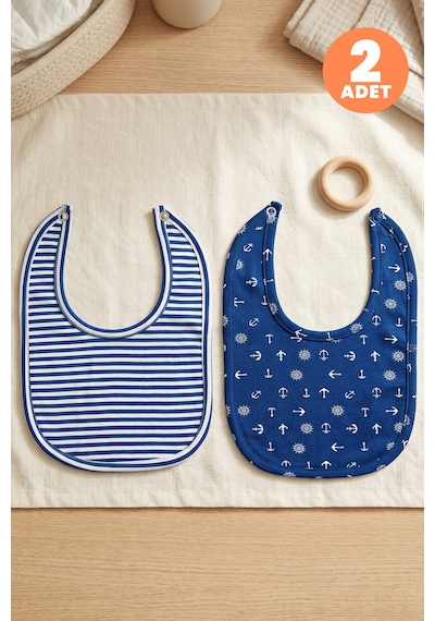 Just Inner Erkek Bebek 2'li Pamuklu Önlük Denizci Ve Çizgili Desenli Çıtçıtlı Çift Katlı Cilt Dostu 584303 Mavi