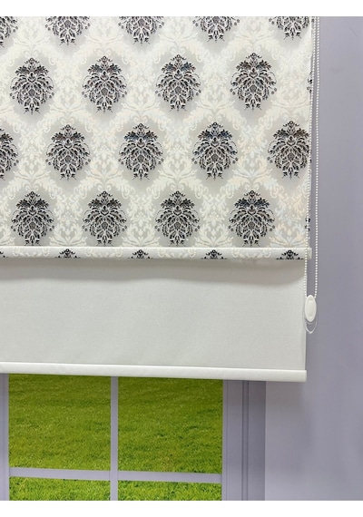 Gri Damask Desenli Çift Mekanizmalı Tül Ve Stor Perde - Simli Kumaş, Simli Stor Perde Gri
