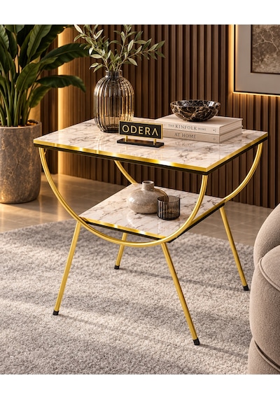 Odera Çift Efes Beyaz Mermer Desenli Çift Raflı Yan Sehpa Komodin Metal Ayaklı Retro Modern Sehpa Diğer