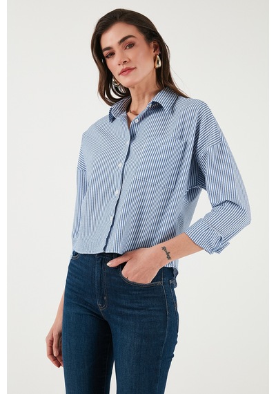 Lela Regular Fit Çizgili Göğüs Cepli Dokulu Bayan Gömlek 6772870 Indigo