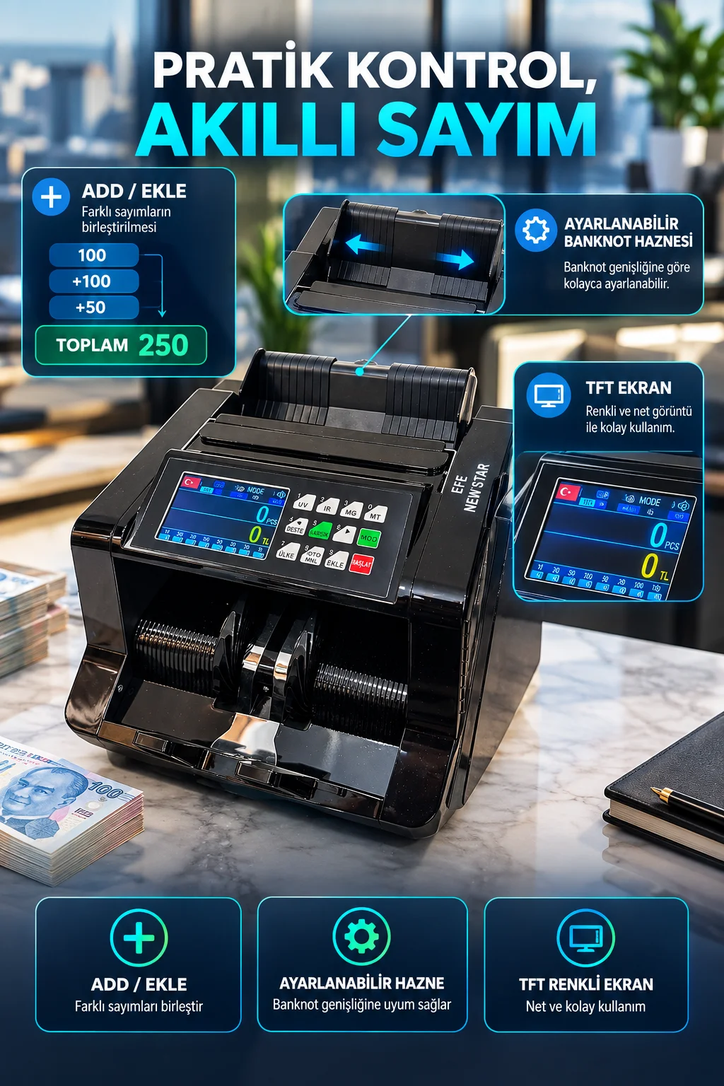 888t Profesyonel Çoklu Para Birimi Banknot Sayma Makinesi 900+ Adet/dk