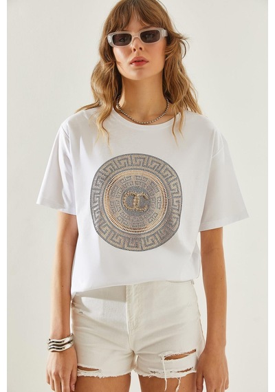 Shade Kadın Bisiklet Yaka Taş Detaylı Basic Penye T-shirt 60251238 - Beyaz