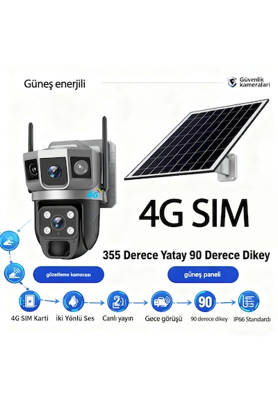 6mp Akıllı Çift Lens Kamera 4g Sım , Otomatik İnsan Takibi, Gece Renkli, Solar Şarj Güneş Enerjili