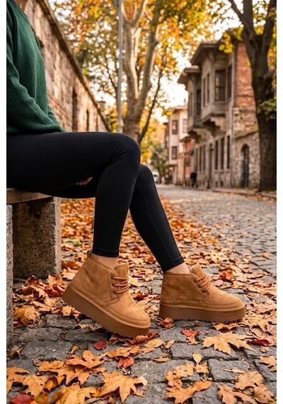 Shoetek Sirius Kadın Bot Bağcıklı İçi Kürklü Taba Süet