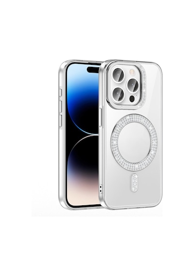 Apple Uyumlu iPhone 14 Pro Max Kılıf Pırlanta Taş Tasarımlı M-safe Şarj Özellikli Zore Karetta Silikon Kapak Mor