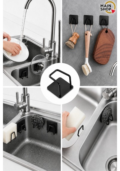 Mainshop Siyah Yapışkanlı Çok Amaçlı Tutucu 6 Lı Set - Bulaşık Süngeri, Mutfak Ve Banyo Askısı M-sng1