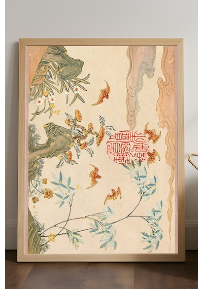 Japon Motifleri Doğal Ahşap Çerçeveli Poster, Dekoratif Sanatsal Duvar Tablosu