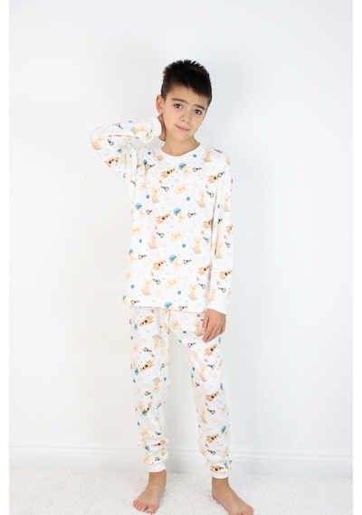 Harika Kids Erkek Çocuk Baskılı İnterlok Kumaş Uzun Kollu Pijama Takımı Beyaz - Gri