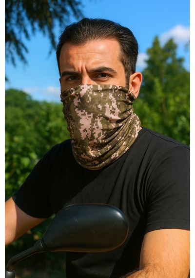 Sticker Works Motorcu Yeşil Pixel Kamuflaj Buff Maske Outdoor Boyunluk Unisex Bandana Standart