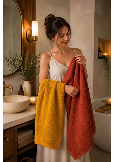 2'li Jakarlı Büyük Boy Banyo Havlusu 90x150 Cm Lorea 650 Gr Kiremit-hardal