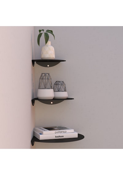 Oval Metal 3'lü Duvar Köşe Rafı Modern Dekoratif Raf Seti Siyah