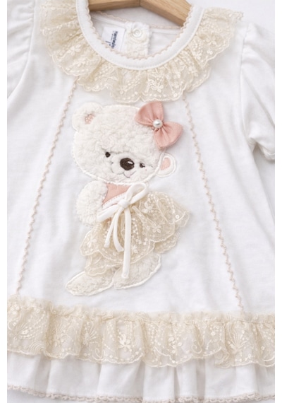 Kardeşler Bebe Dantelli Ayıcıklı Kız Bebek Elbise Takım Saç Bantlı 3 Lü Set Bej