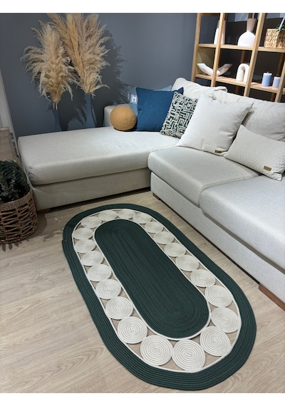 Mavaux Cookie Jüt Hasırlı El Örgüsü Kilim Krem - Yeşil