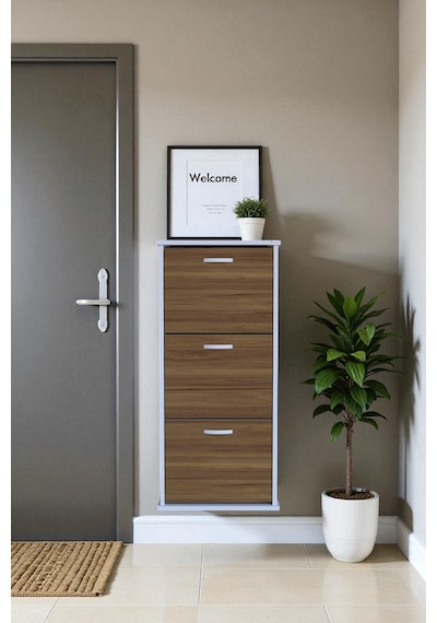 Eliusta Soren 3 Düşer Kapaklı 52 Cm Ceviz Ayakkabılık 52x114x26 Cm Asma 6 Bölmeli Ayakkabılık Ceviz