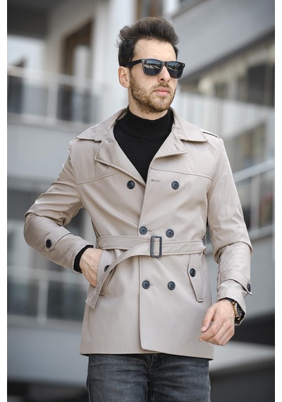 Oksit Lusaka Su İtici Slim Fit Kemer Detaylı Trençkot Taş Rengi