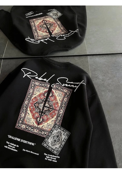 Kadın Bisiklet Yaka Baskılı Sweatshirt - Siyah Siyah