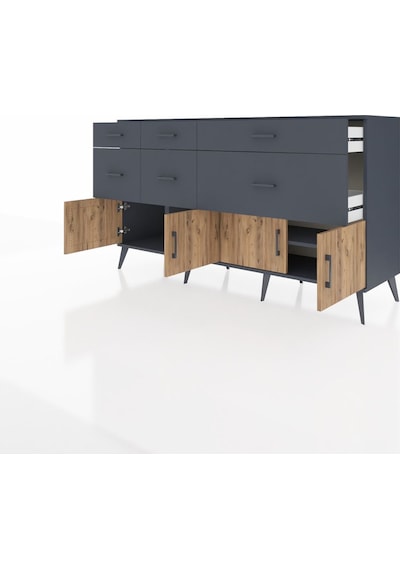 Kronos Konsol Tek Raflı 6 Çekmeceli 4 Kapaklı 176x59x99 Antrasit- Antrasit-çam/antrasit