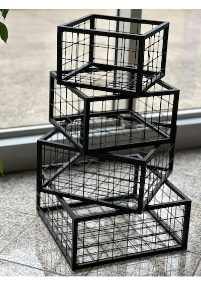 Metal Tel Kasa Sepet - 4'lü Set - Dekoratif, Taşınabilir Ürün Kasası, Sele Sepet 30-35-40-45 Cm H:20 Cm Siyah