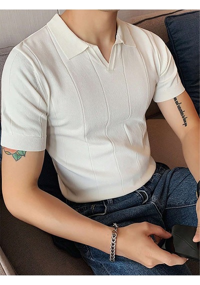 Erkek Çizgili Kısa Kollu Triko T-shirt Beyaz