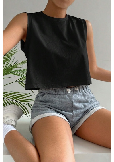Siyah %100 Pamuk Basic Bisiklet Yaka Süprem Kolsuz T-shirt Siyah