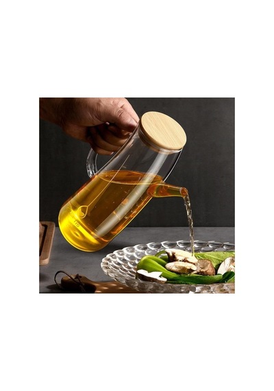Bambu Kapaklı Borosilikat Cam Yağlık & Sirkelik 1 Litre Kapasite Açık Beyaz