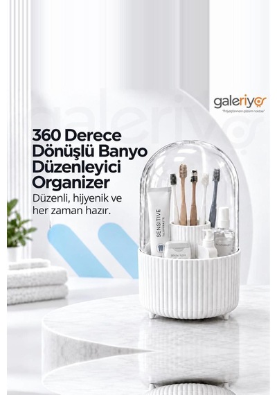 Galeriyo Şeffaf Kapaklı 360 Banyo Düzenleyici Organizer Beyaz Beyaz