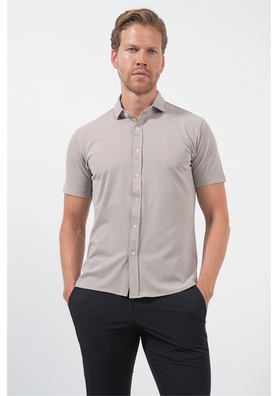 İmza Bej İtalyan Yaka Kısa Kol Cepsiz Slim Fit Esnek Gömlek 1004260159 Koyu Bej