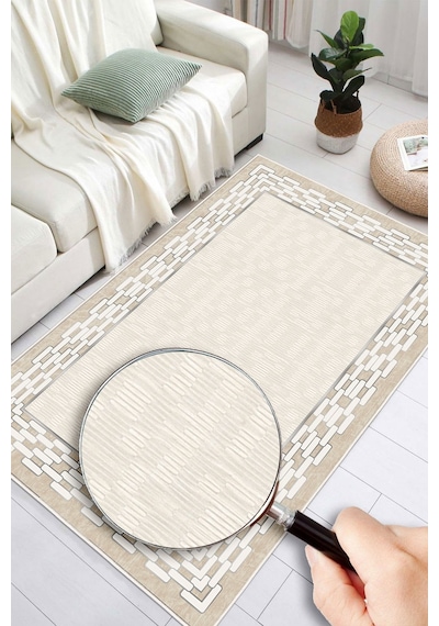 Çerçeveli Modern Kaymaz Taban Makinede Yıkanabilir Halı Oturma Odası Salon Halı Koridor Halı Krem