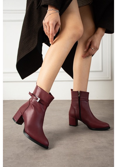 Dabab Shoes Astraya Kadın Bordo Tokalı Topuklu Kısa Konç Şık Kışlık Bot Bootie